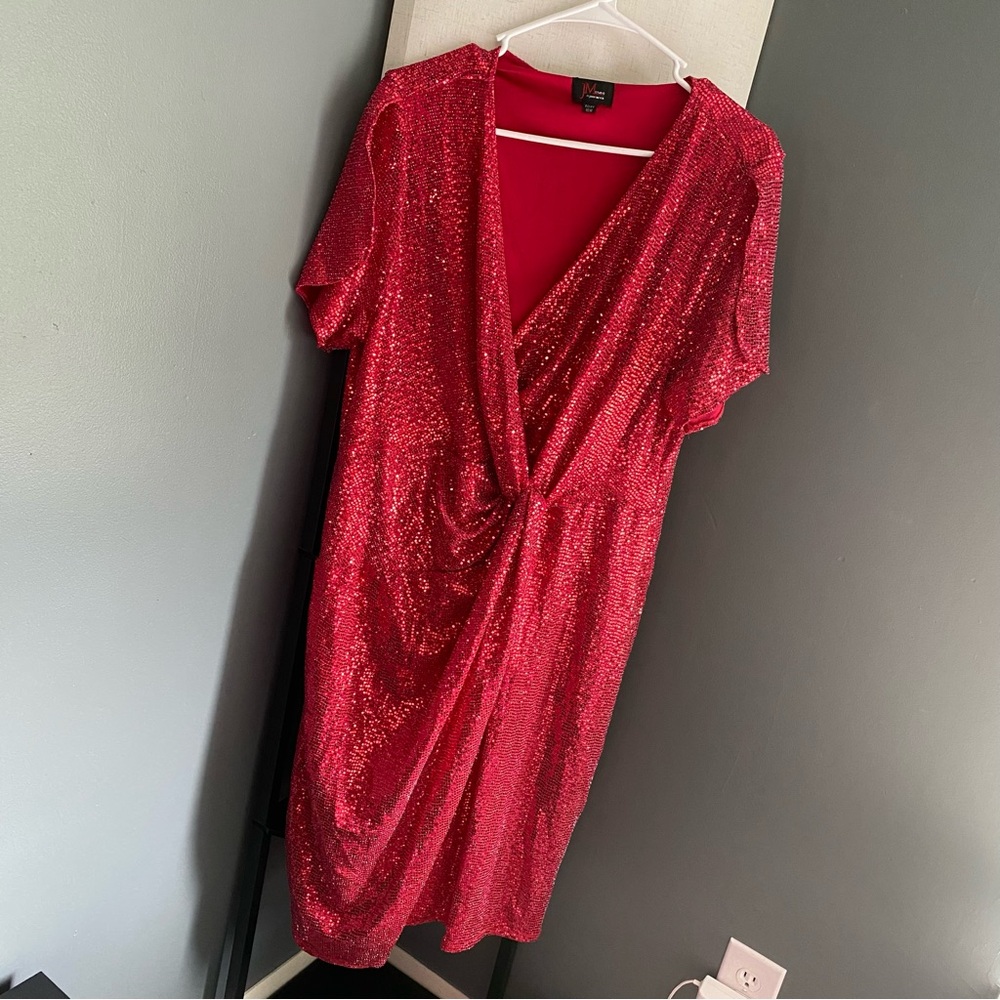JM Studio Red Sequin Plunge Midi Gown